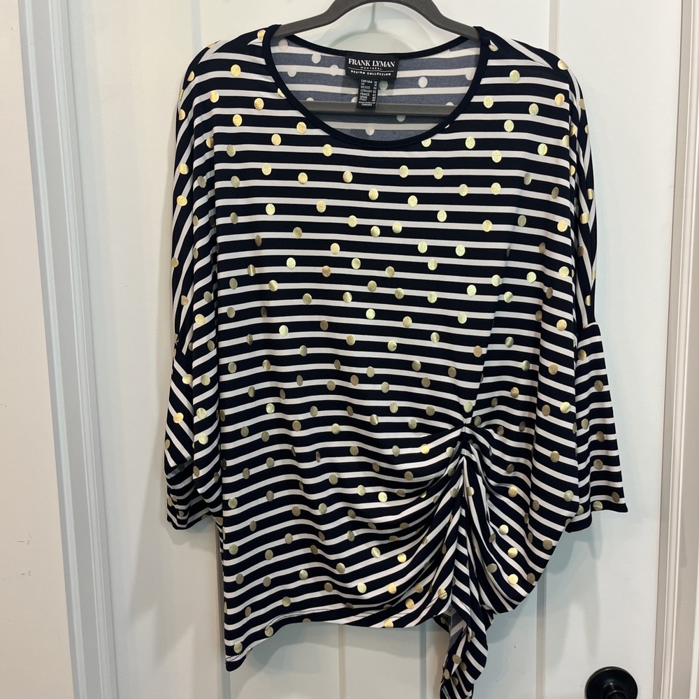 Frank Lyman Design Women Navy Blue White Stripe Gold Dot Blouse Side Drape Sz 12